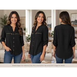 Calvin Klein Black Gold Zip Pocket Button Front Blouse Size M (estimate)